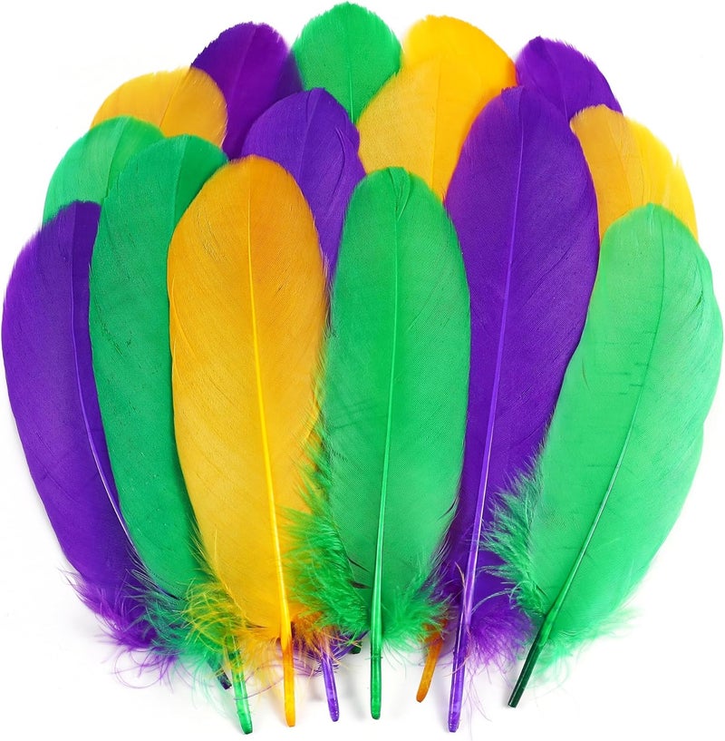 Holmgren Mardi Gras Craft Feathers Bulk - 200pcs 5-6inch Big Goose Feathers for Mardi Gras Decoration Carnival Masquerade Party Costume Decoration (Mardi Gras) - Image 1